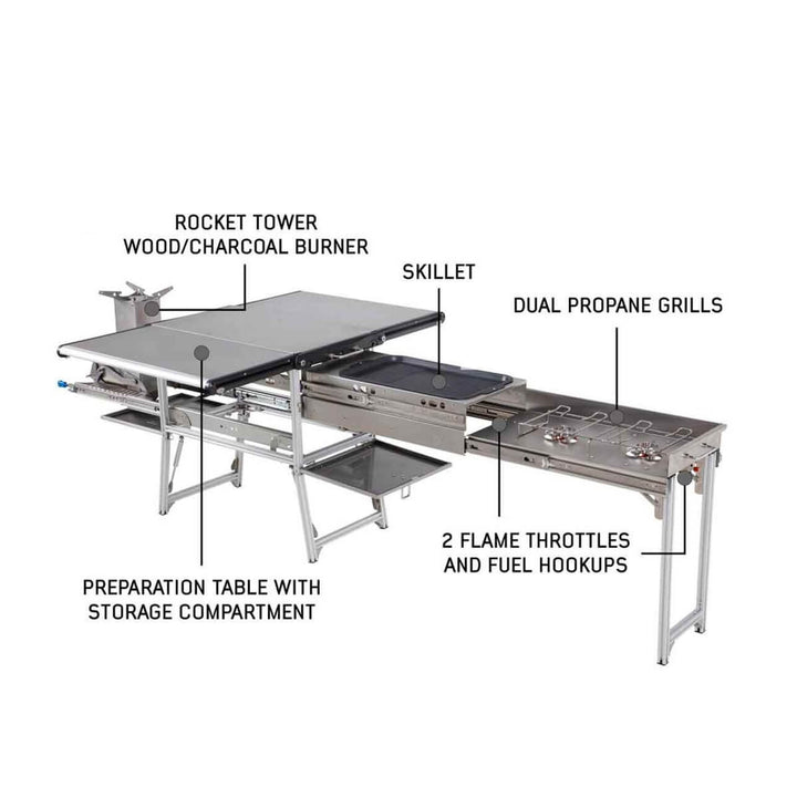 Komodo Camp Kitchen - Dual Grill, Skillet, Folding Shelves, and Rocket Tower - Stainless Steel