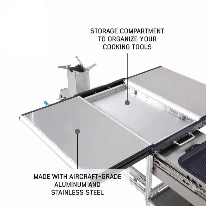 Komodo Camp Kitchen - Dual Grill, Skillet, Folding Shelves, and Rocket Tower - Stainless Steel