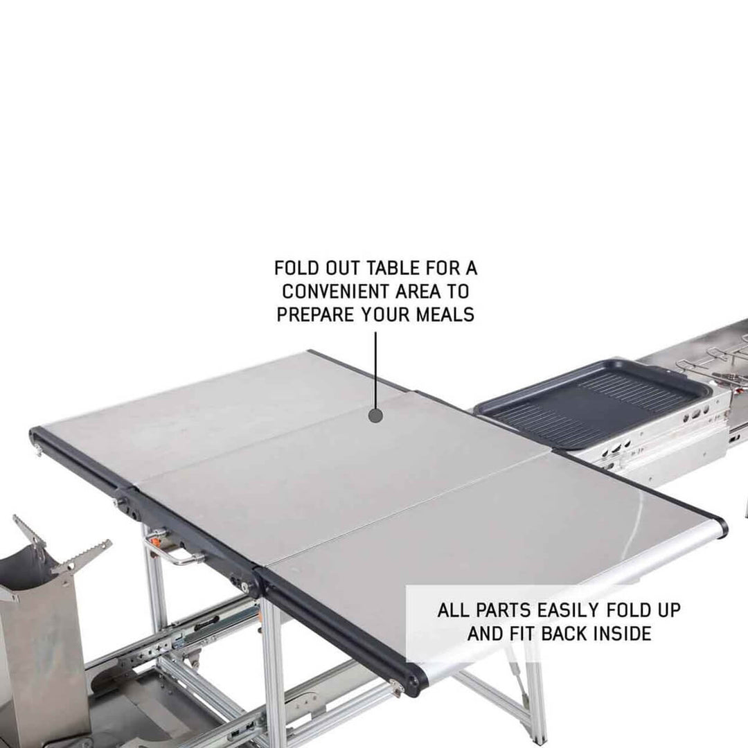 Komodo Camp Kitchen - Dual Grill, Skillet, Folding Shelves, and Rocket Tower - Stainless Steel