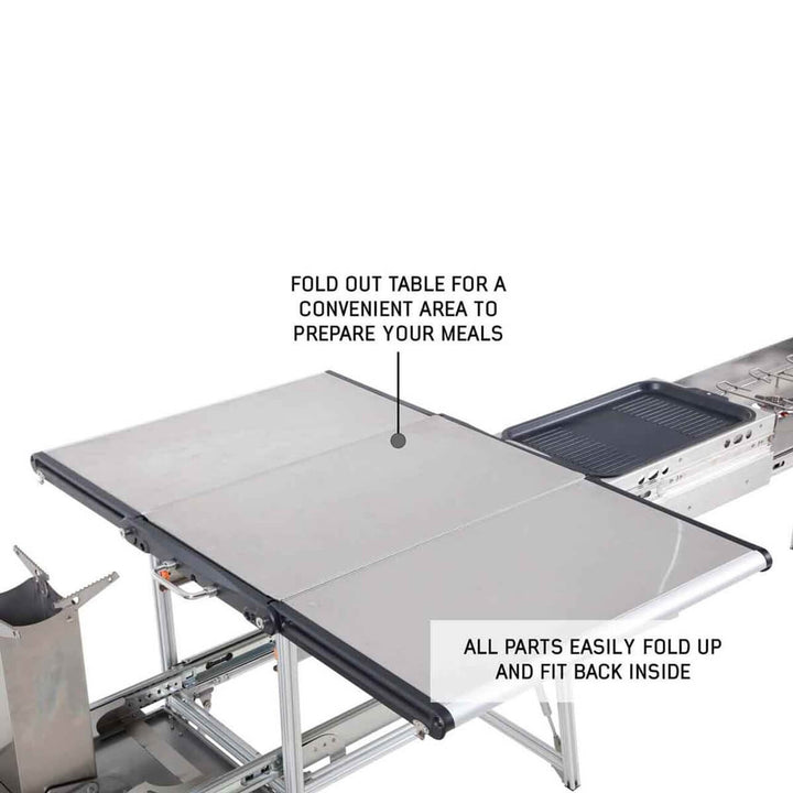 Komodo Camp Kitchen - Dual Grill, Skillet, Folding Shelves, and Rocket Tower - Stainless Steel