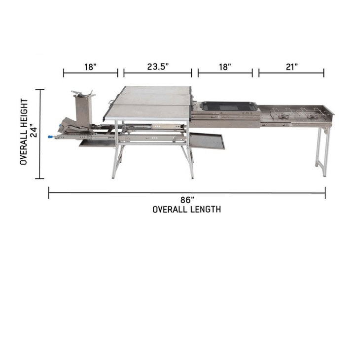 Komodo Camp Kitchen - Dual Grill, Skillet, Folding Shelves, and Rocket Tower - Stainless Steel