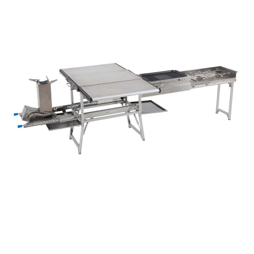Komodo Camp Kitchen - Dual Grill, Skillet, Folding Shelves, and Rocket Tower - Stainless Steel
