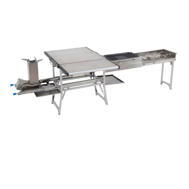 Komodo Camp Kitchen - Dual Grill, Skillet, Folding Shelves, and Rocket Tower - Stainless Steel