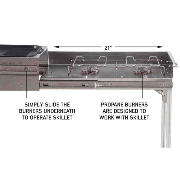 Komodo Camp Kitchen - Dual Grill, Skillet, Folding Shelves, and Rocket Tower - Stainless Steel