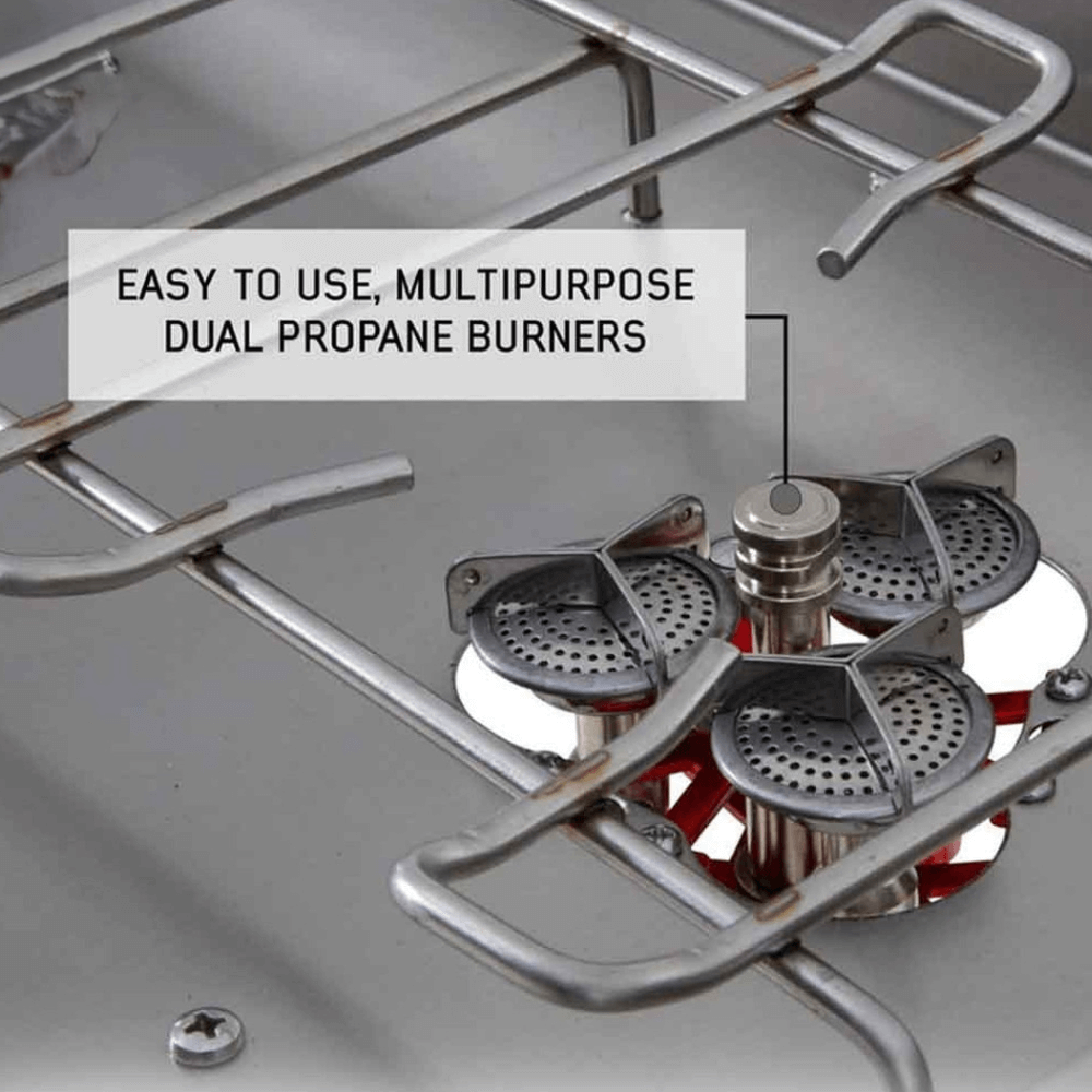 Komodo Camp Kitchen - Dual Grill, Skillet, Folding Shelves, and Rocket Tower - Stainless Steel